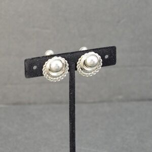 Coro Screw Back Earrings Button Silver Tone Rope Twist Vintage Signed Estate